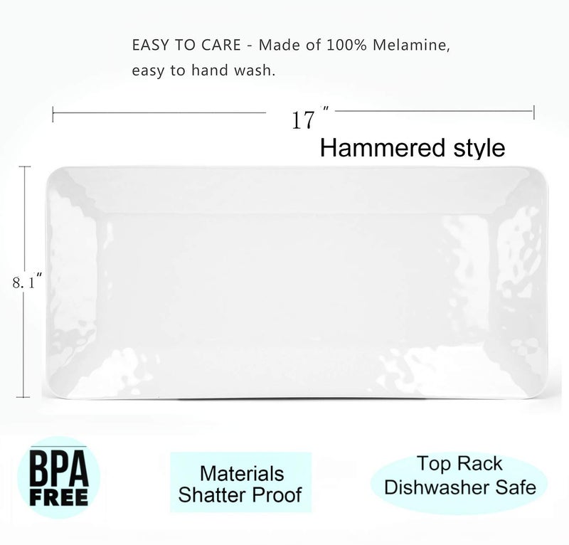Luna Gift Set of 2 17 inch Melamine Serving Tray/Large Rectangular Serving Platters for Holiday Home Party,Break-resistant and Lightweight,Hammered Finish(White Color) - Image 2
